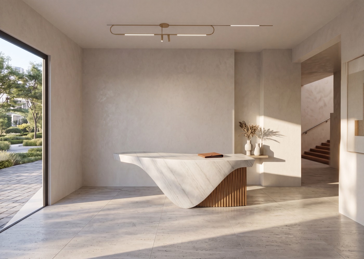 Sculptural lobby — photoreal render